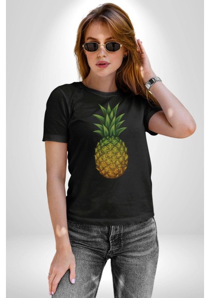 Ananas Meyve Kadın Erkek Unisex Siyah Organik Baskılı T-Shirt Penye Yüksek Kalite