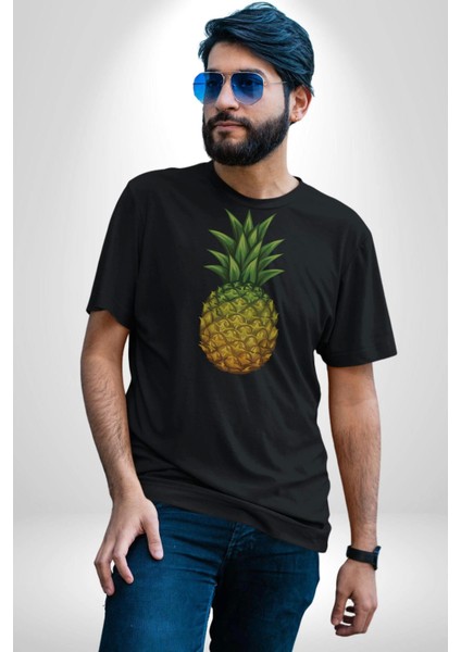 Ananas Meyve Kadın Erkek Unisex Siyah Organik Baskılı T-Shirt Penye Yüksek Kalite