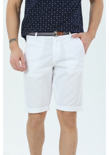 Erkek Beyaz Pamuklu Kemer Hediyeli Yandan Cepli Relaxed Fit Kapri Şort