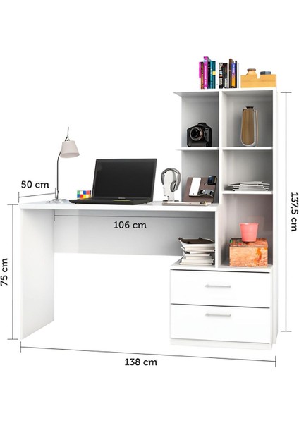 Aden Home  Mdf Çalışma Masası, Bilgisayar Masası, Kitaplıklı Çalışma Masası, Ofis Masası Çocuk Genç Odası