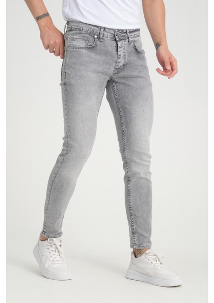 Erkek Açık Kar Yıkama Gri Skinny Fit Düğmeli