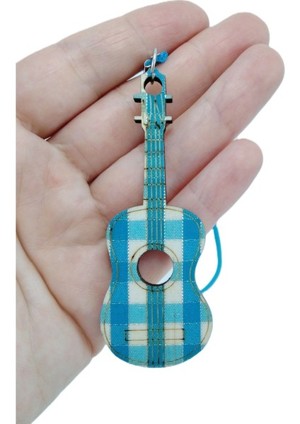 Ahşap Küçük Gitar Turkuaz Dikiz Ayna Süsü El Yapımı Hediyelik Aksesuar, Minyatür Gitar