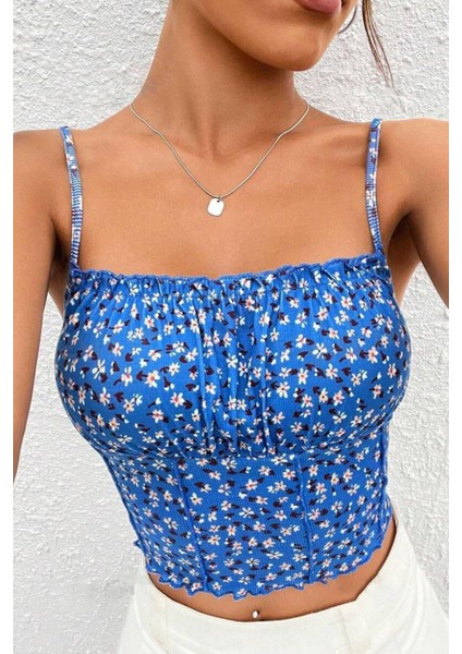 Kadın Mavi Baskılı Göğüs Detaylı Crop Bluz