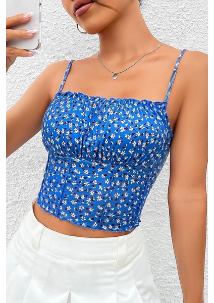 Kadın Mavi Baskılı Göğüs Detaylı Crop Bluz