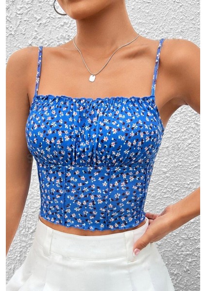 Kadın Mavi Baskılı Göğüs Detaylı Crop Bluz