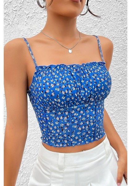 Kadın Mavi Baskılı Göğüs Detaylı Crop Bluz