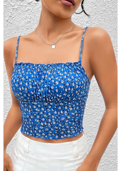 Kadın Mavi Baskılı Göğüs Detaylı Crop Bluz