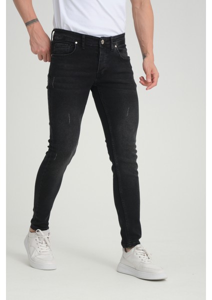 Erkek Skinny Fit Antrasit Düğmeli Destroy Tırnaklı Jean