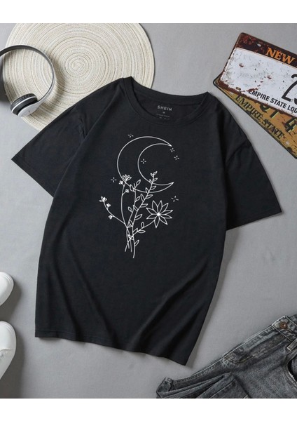 Büyük Beden Özel Tasarım Moon Flowers Baskılı Süper Oversize Ter Tutmayan Battal Kadın T-Shırt