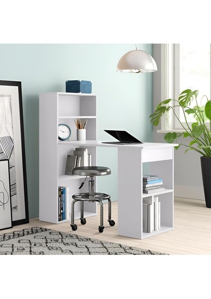 Aden Home Kitaplıklı Çalışma Masası,  Mdf Beyaz Çalışma Masası, Ofis Çalışma Masası, Genç Odası, CM93