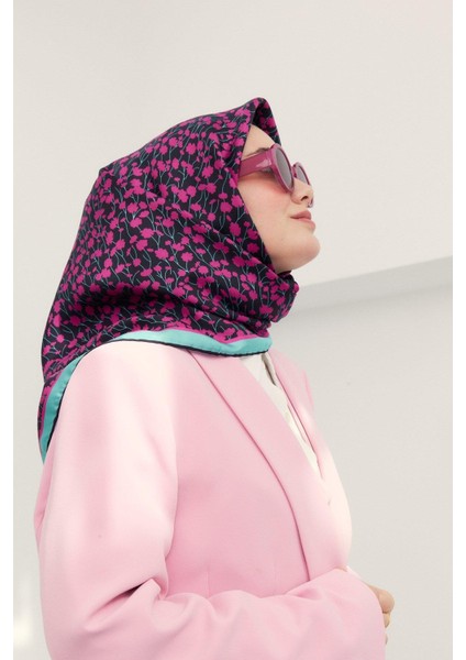 Twill Ipek Eşarp - 11412-29 Siyah Fuşya