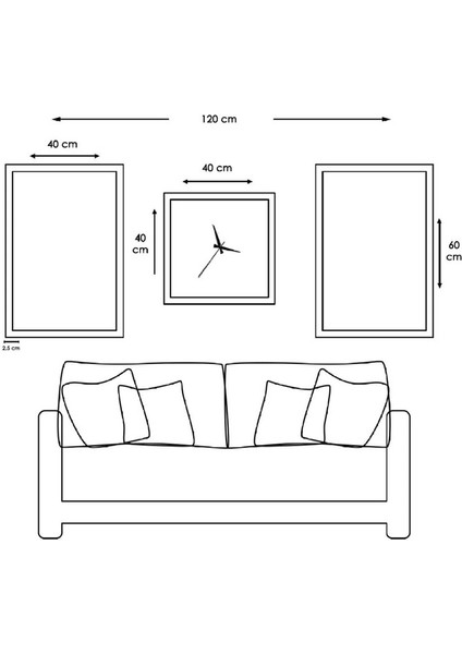 Zevahir Mobilya Dekorasyon Minimalist Siyah Renk Gold Pleksili Saat ve Solmaz Mdf Tablo