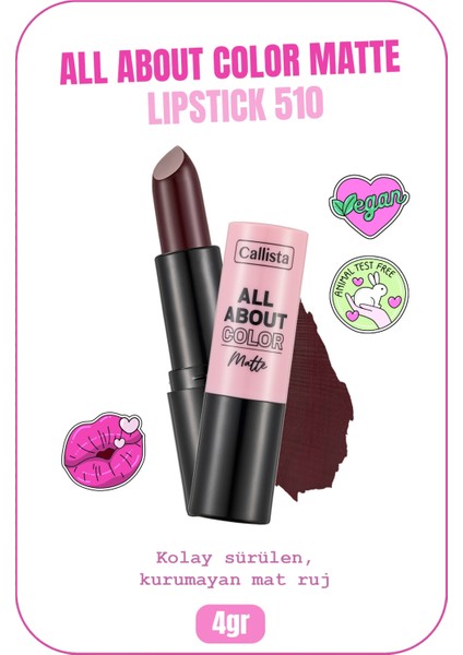 Callista All About Color Matte Lipstick Mat Görünümlü Ruj 510 Midnight Mulberry - Bordo