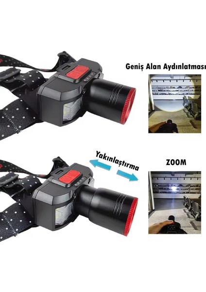 PS-2099 Hareket Sensörlü Şarjlı Kafa Lambası, Kırmızı Beyaz Işık LED 6 Mod Aydınlatma Zoom Kafa Feneri 1500 Lümen