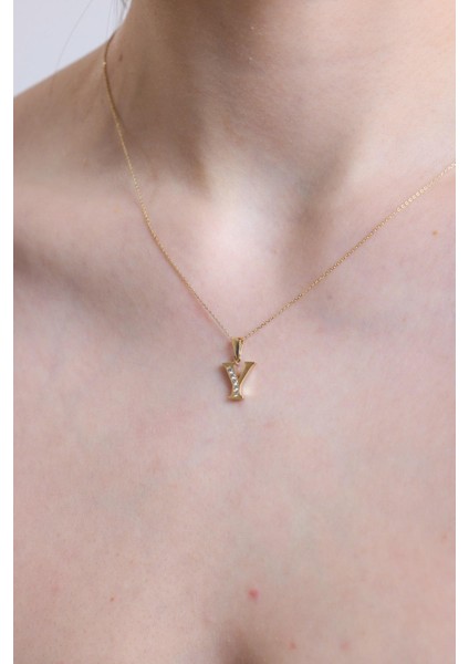 Altın Taşlı Y Harfi Kolye