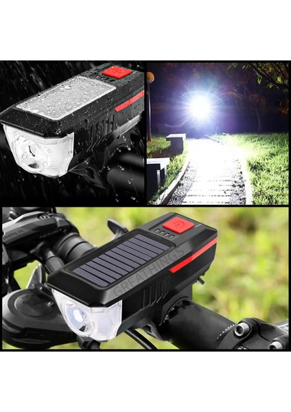 Solar Güneş Enerjili USB ile Şarj Edilebilir 3 Mod Ledli Bisiklet Feneri Kornalı ve Su Geçirmez Far