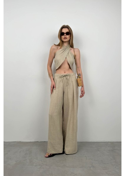 Düşük Bel Oversize Keten Pantolon