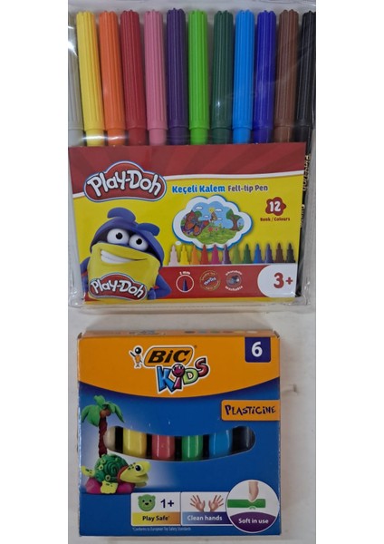 Keçeli Kalem 12 Renk 2mm Pvc KE-005+BIC Kids Plastiline  Oyun   Hamuru Kurumaz