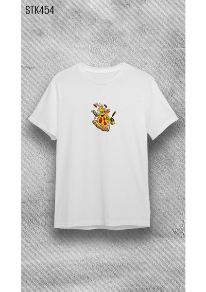 Bisiklet Yaka Pizza Baskılı Beyaz T-Shirt