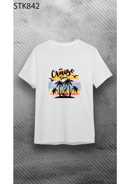 Beyaz Unisex Bisiklet Yaka Kısa Kol Cruise Baskılı %100 Pamuklu T-Shirt