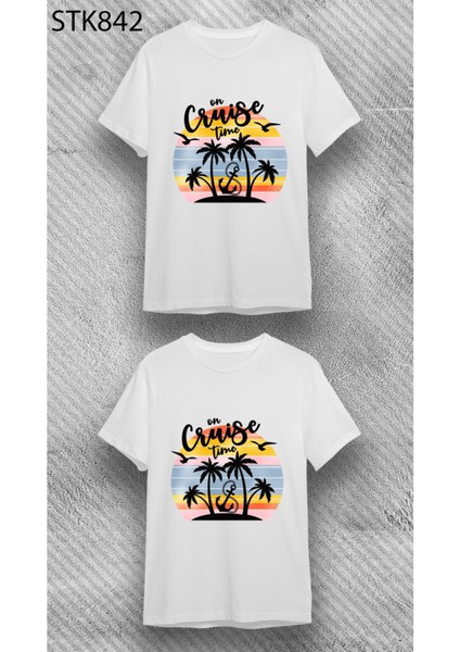 Beyaz Unisex Bisiklet Yaka Kısa Kol Cruise Baskılı %100 Pamuklu T-Shirt