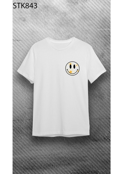 Beyaz Unisex Bisiklet Yaka Kısa Kol Smile Baskılı %100 Pamuklu T-Shirt