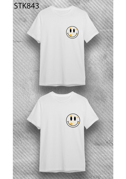 Beyaz Unisex Bisiklet Yaka Kısa Kol Smile Baskılı %100 Pamuklu T-Shirt modelleri