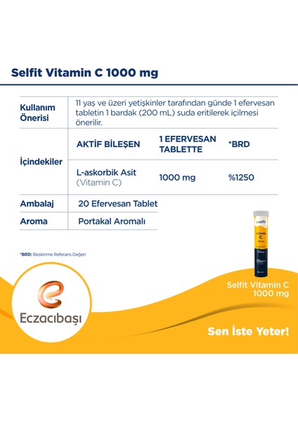 Vitamin C 1000 Mg 20 Efervesan Tablet - C Vitamini, Portakal Aromalı