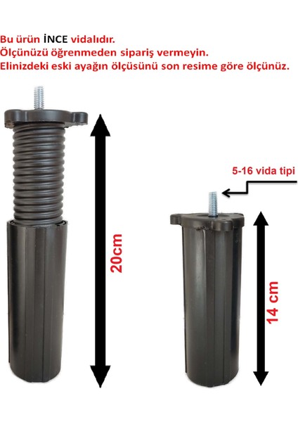 (Vida Ölçüsüne Dikkat)- Orta Plastik Mobilya Koltuk Kanepe Ayağı Tek Adet Siyah 14 -19 cm 5/16 Vida