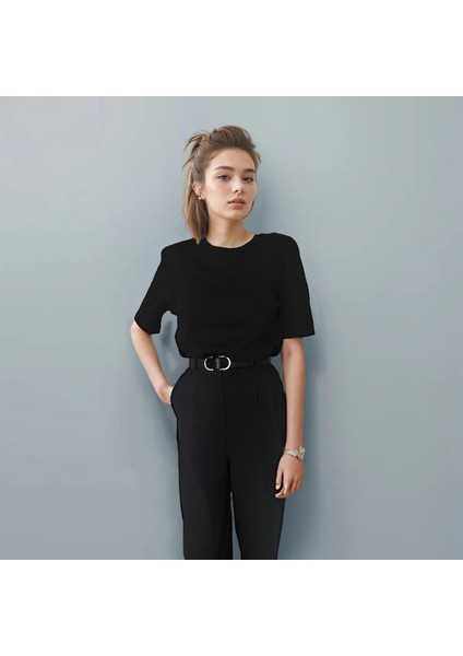 Vatkalı Siyah T-Shirt, Omzu Vatkalı Kadın T-Shirt, Pamuklu Penye T-Shirt