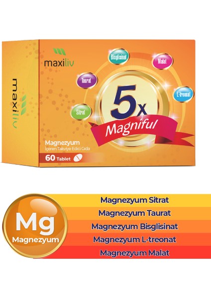 Magniful Magnezyum 60 Tablet -Sitrat, Taurattan, Glisinat, Malat, L-Treonat