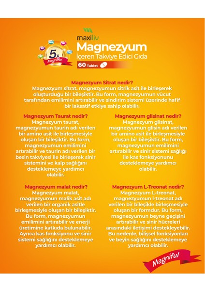 Magniful Magnezyum 60 Tablet -Sitrat, Taurattan, Glisinat, Malat, L-Treonat