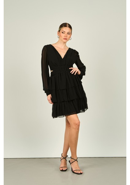 Kadın Pencere Detaylı Eteği Katlı Abiye Elbise 1298 Siyah