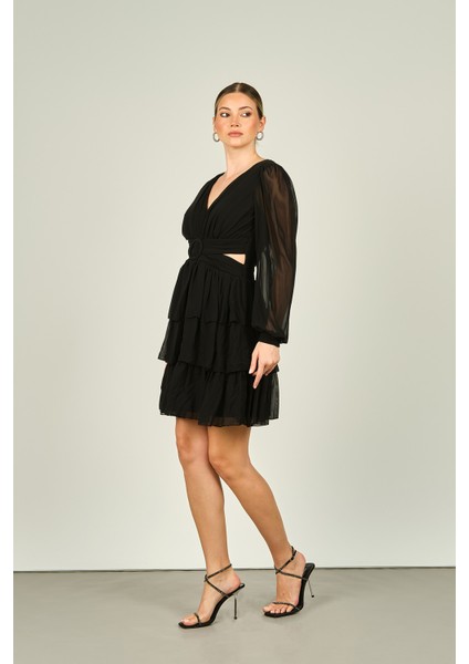 Kadın Pencere Detaylı Eteği Katlı Abiye Elbise 1298 Siyah fiyatları