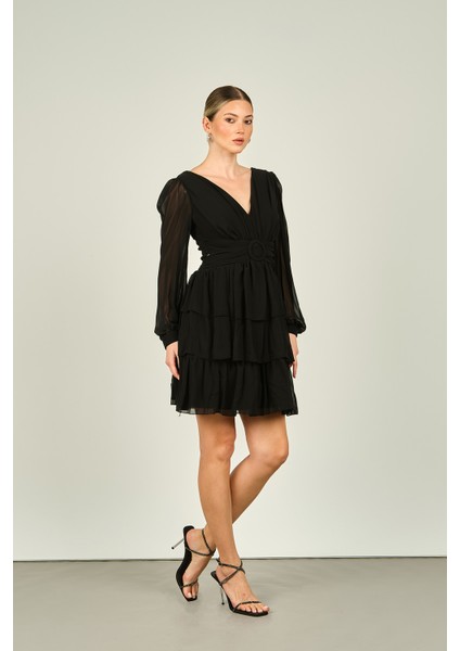 Kadın Pencere Detaylı Eteği Katlı Abiye Elbise 1298 Siyah modelleri