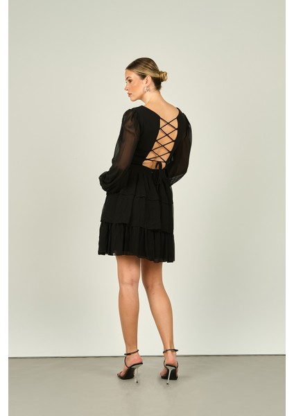 Kadın Pencere Detaylı Eteği Katlı Abiye Elbise 1298 Siyah fırsatları