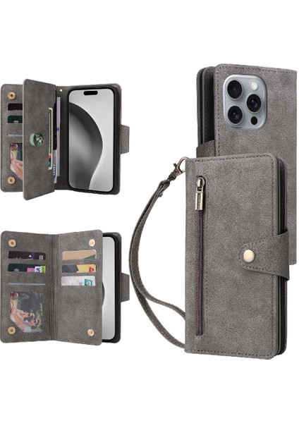 El Kayışı Kart Tutucu ile IPhone 16 Pro Max Manyetik Deri Kılıf (Yurt Dışından)