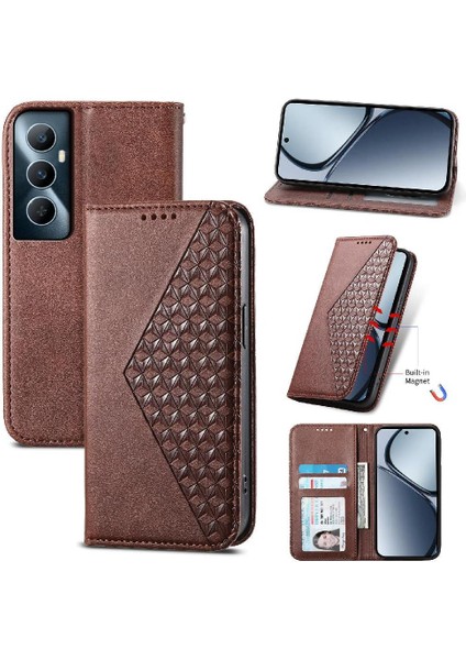 Realme C65 Eşkenar Dörtgen Şekli Günlük Kullanım Için Flip Case El Kayışı Standı Cüzdan (Yurt Dışından) modelleri