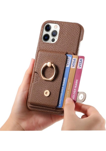IPhone 12 Için Kılıf Pro Max Halka Standı Premium Dokulu Deri Kart Yuvaları (Yurt Dışından)