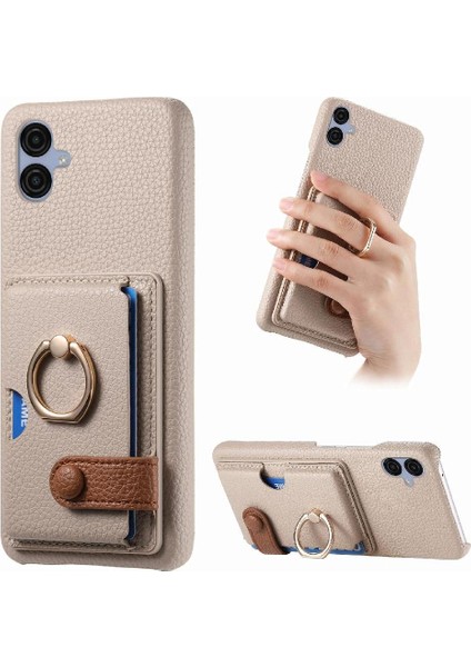 Samsung Galaxy A04E Premium Dokulu Deri Yüzük Standı Kart Yuvaları (Yurt Dışından)