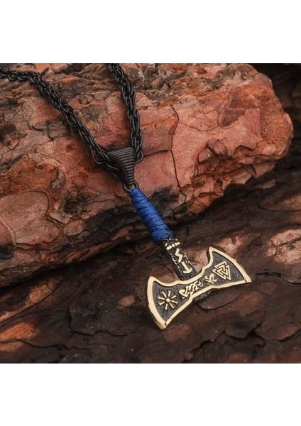 Viking Çift Taraflı Balta Lacivert Ipli Erkek Kolye Çelik