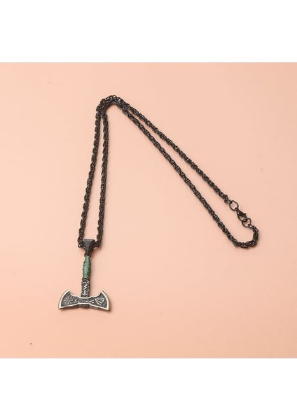 Viking Çift Taraflı Balta Yeşil Ipli Erkek Kolye Çelik Iskandinav