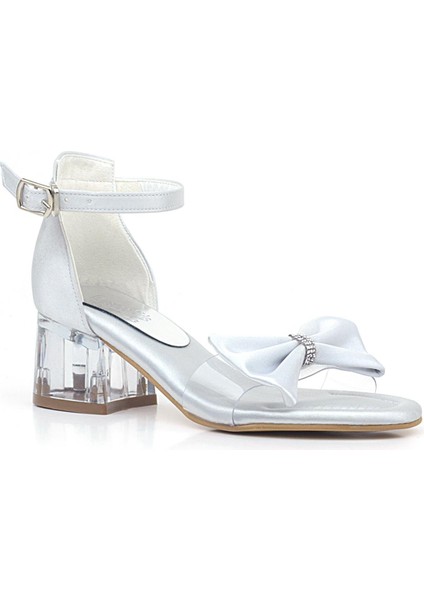 Jessie Gümüş Saten Kurdeleli Kız Çocuk Topuklu Ayakkabı