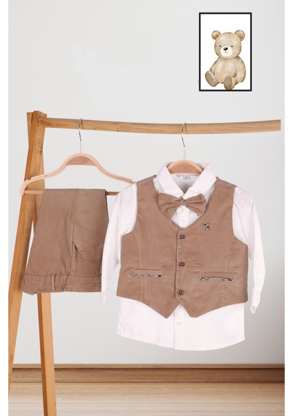Fitilli Yelek Pantolon Keten Gömlek Papyonlu Erkek Çocuk Takım Elbise 13519