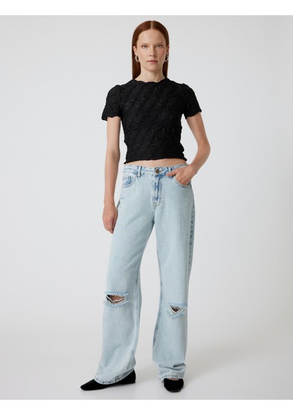 Dokulu Crop Tişört Asimetrik Kısa Kollu Yuvarlak Yaka Slim Fit