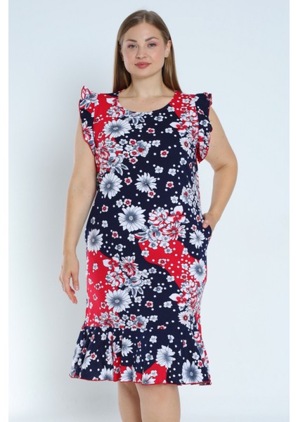 Kadın Lacivert Büyük Beden Desenli Pamuk Cepli Kolu ve Eteği Fırfırlı Elbise