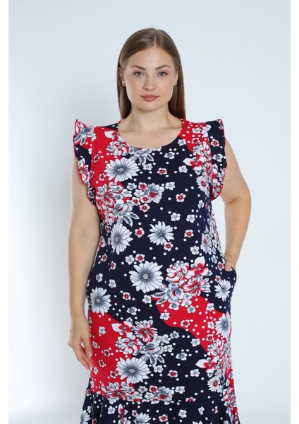 Kadın Lacivert Büyük Beden Desenli Pamuk Cepli Kolu ve Eteği Fırfırlı Elbise fiyatları