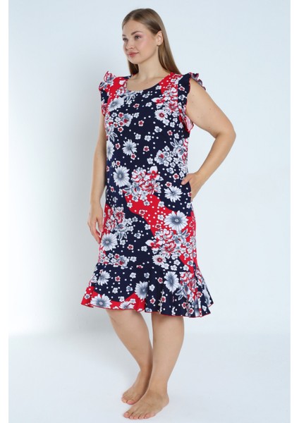 Kadın Lacivert Büyük Beden Desenli Pamuk Cepli Kolu ve Eteği Fırfırlı Elbise modelleri