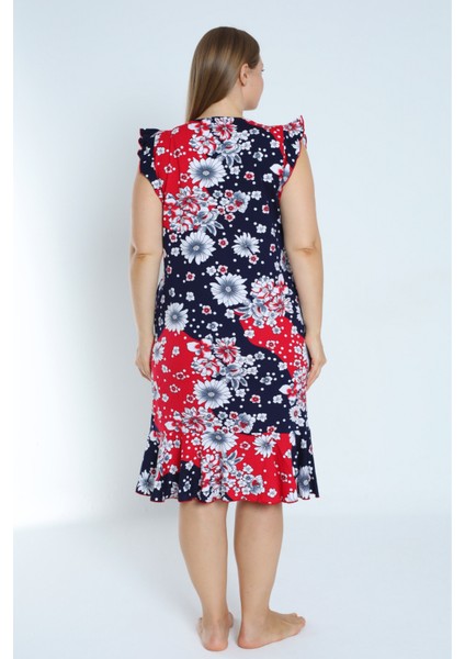 Kadın Lacivert Büyük Beden Desenli Pamuk Cepli Kolu ve Eteği Fırfırlı Elbise fırsatları