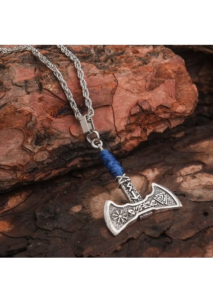 Viking Gri Çift Taraflı Balta Lacivert Ipli Erkek Kolye Çelik